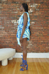 One Shoulder Wrap Dress- Blue Multi