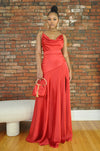 Satin Belted Maxi Dress- Red