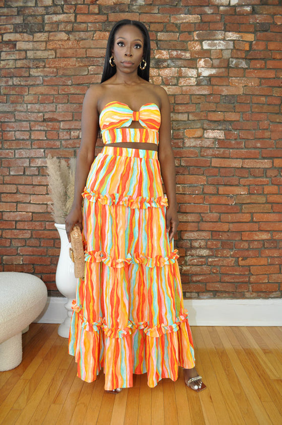 Curved Stripe Skirt Set- Orange Multi