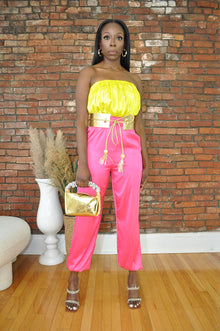  Two Tone Belted Jumpsuit- Lime/Fuchsia