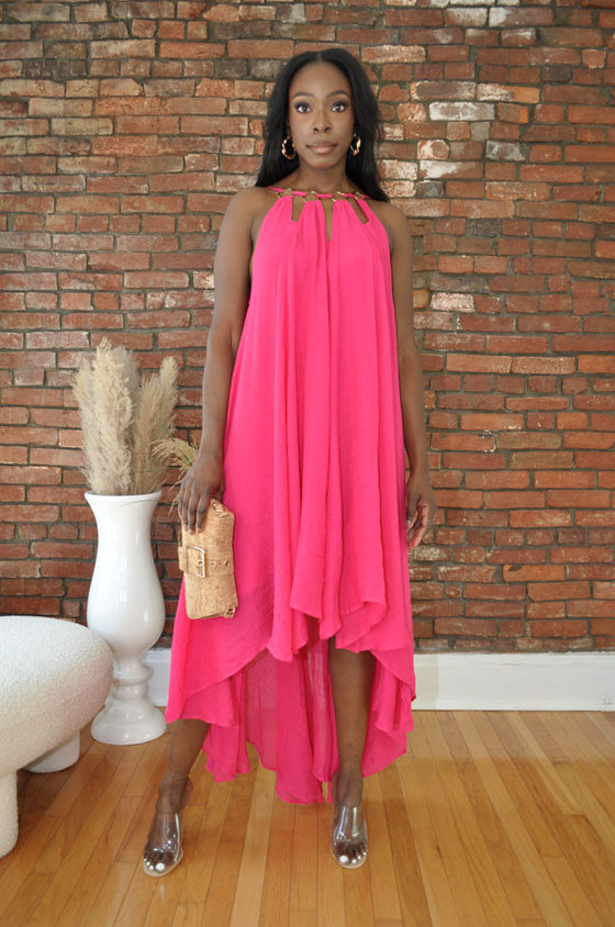 O Ring Cut Out Dress- Hot Pink