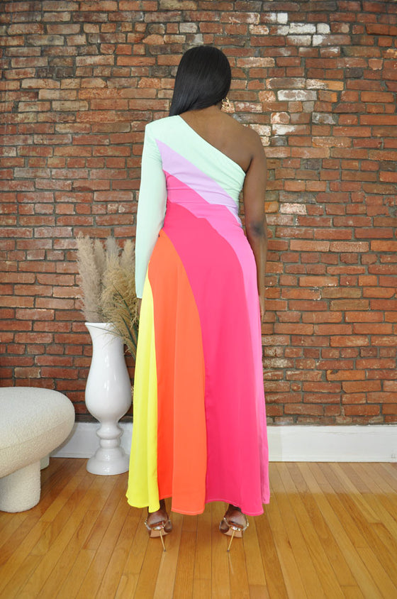 Colorblock One Shoulder Maxi Dress- Rainbow