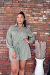 Button Down Long Sleeve Romper- Olive