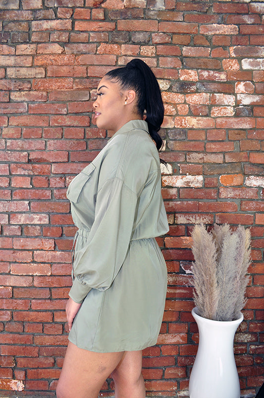 Button Down Long Sleeve Romper- Olive