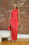 One Shoulder Drape Dress- Red