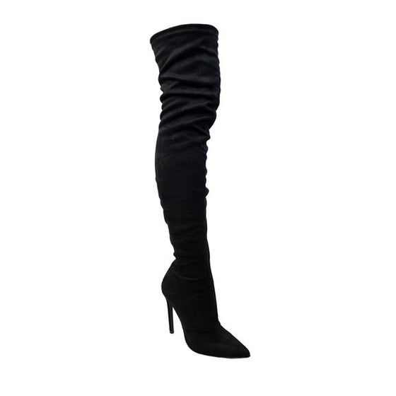 Gisele Over The Knee Boot- Black Faux Suede