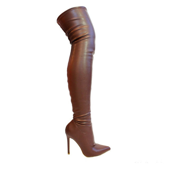 Gisele Over The Knee Boot- Brown Faux Leather